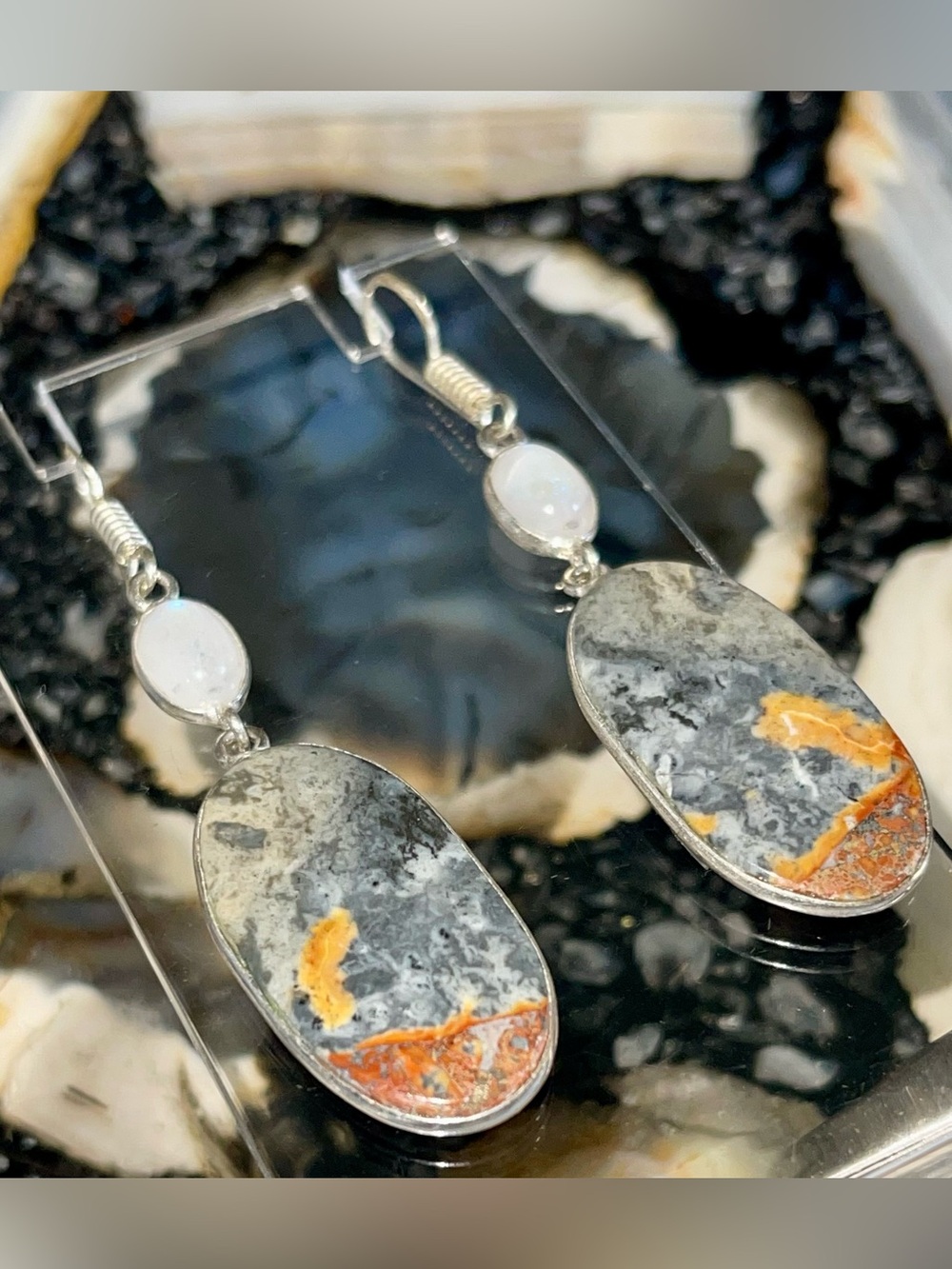 Brecciated Gray Maligano Jasper & Moonstone Crystal Earrings 2 1/2”
